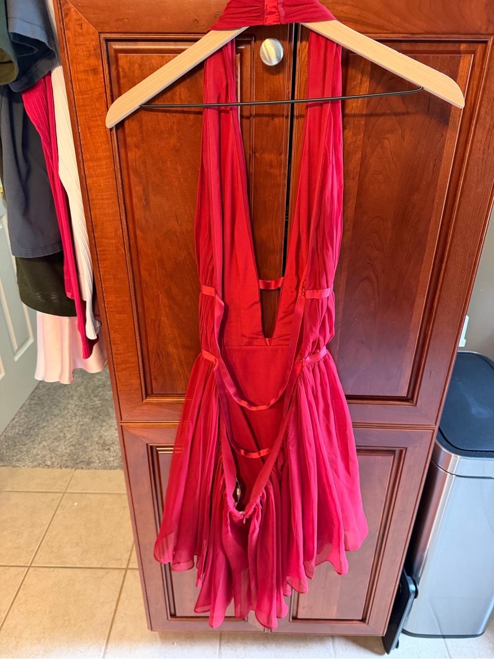 Mirror Palais Red Halter Chiffon Romper - Elegant Deep V open back - Picture 2 of 6